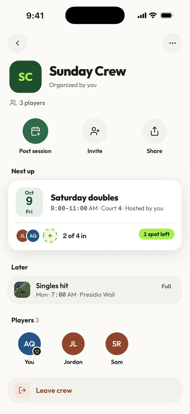 Crew page: Sunday Crew with Post session, Invite and Share, the next session and its players