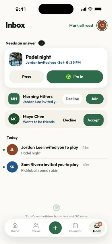 Inbox: an invite to Padel night waiting for an answer, a crew invite and a friend request