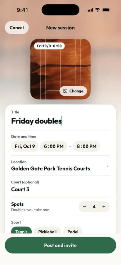 New session form: title, date and time, location, court and spots