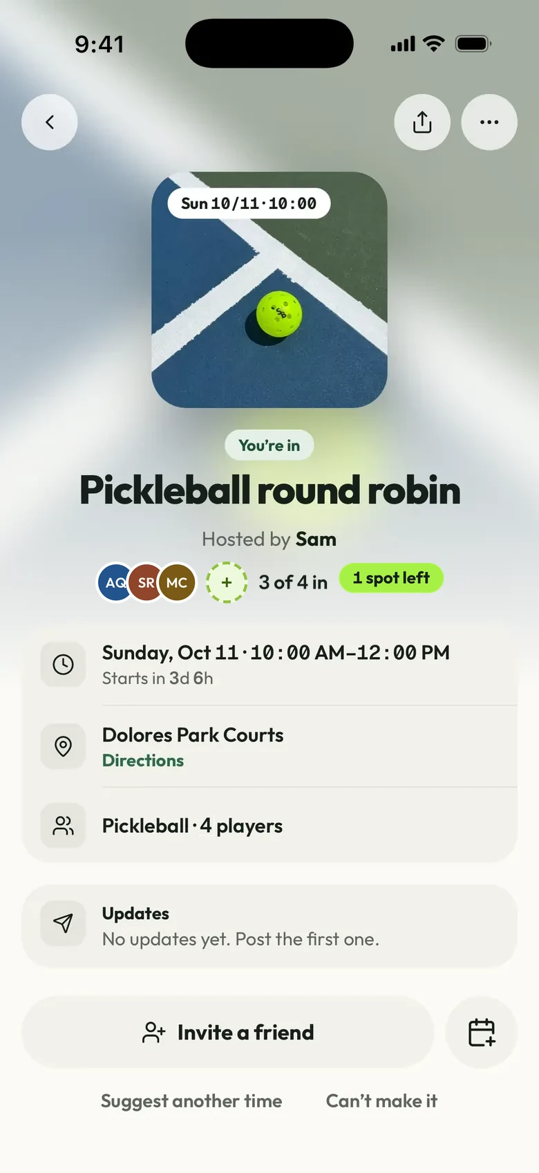 Session page after joining: You're in at the Pickleball round robin, 3 of 4 in, 1 spot left