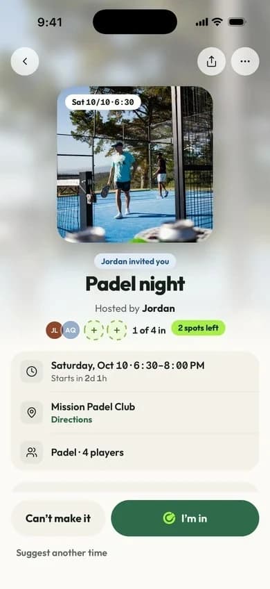 A session invite: Padel night, hosted by Jordan, 1 of 4 in, with an I'm in button