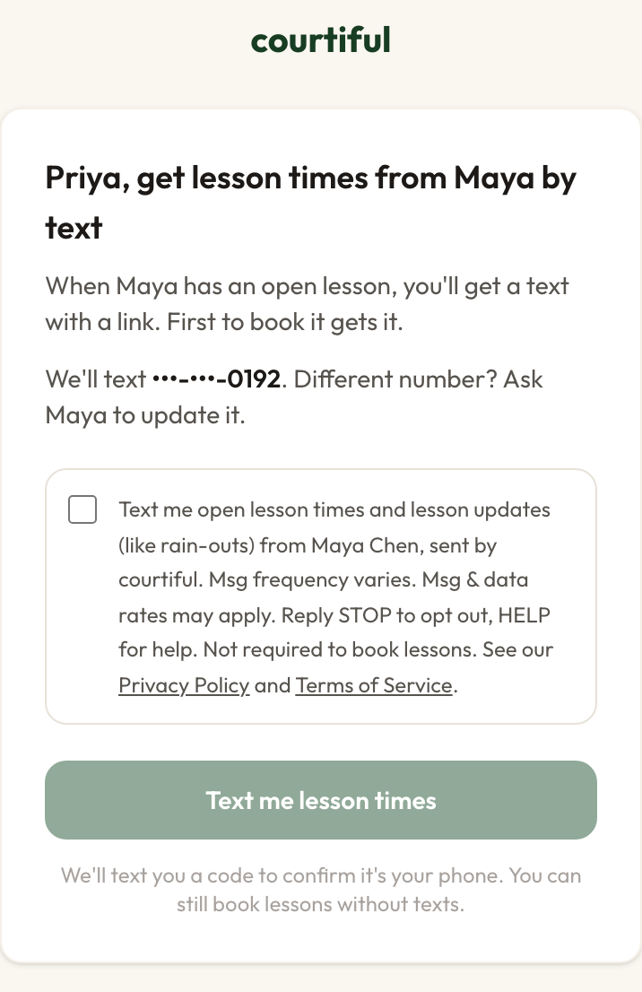 courtiful lesson texts page: the number we'd text, the unchecked consent checkbox, and the Text me lesson times button