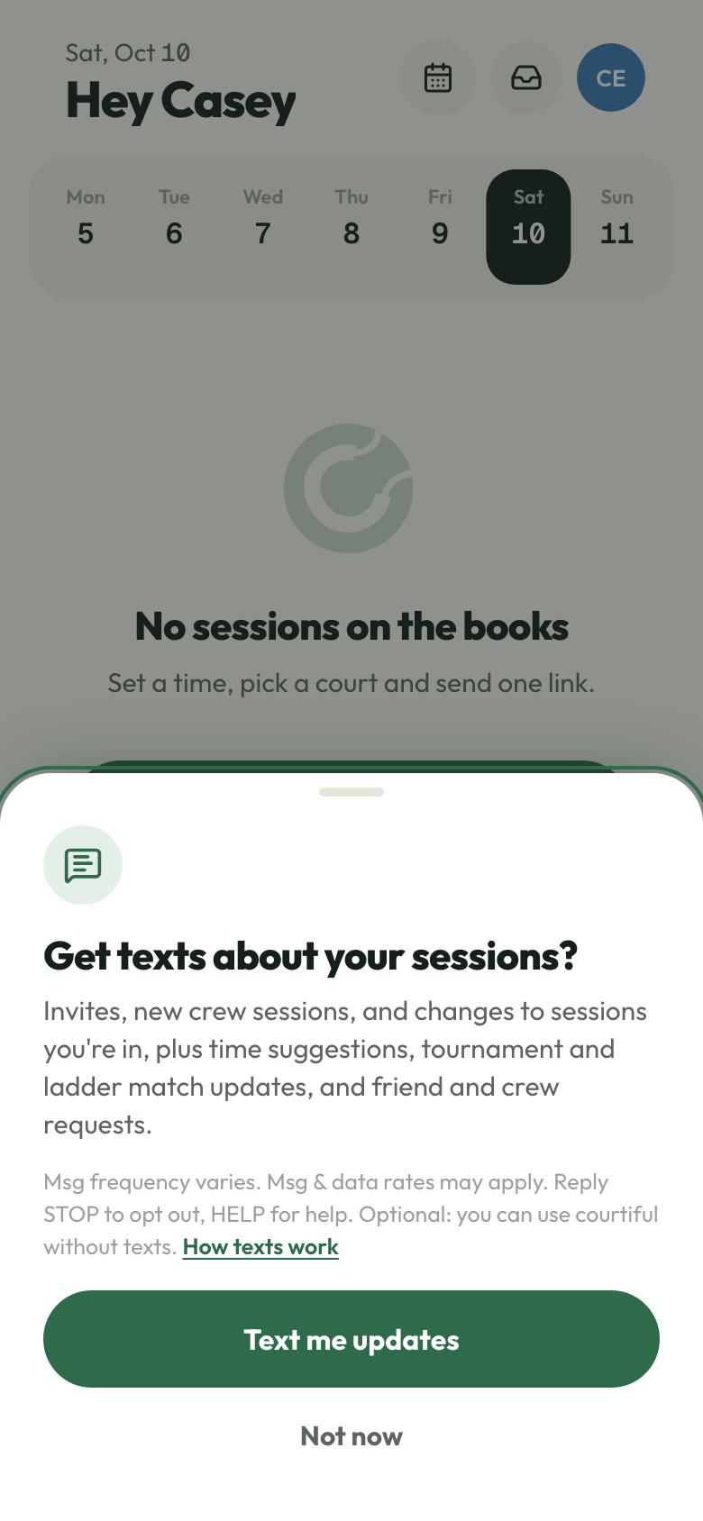 courtiful's text opt-in screen shown after sign-in: Get texts about your sessions?, what we text about, the message frequency, rates, STOP and HELP disclosure, and the Text me updates and Not now buttons